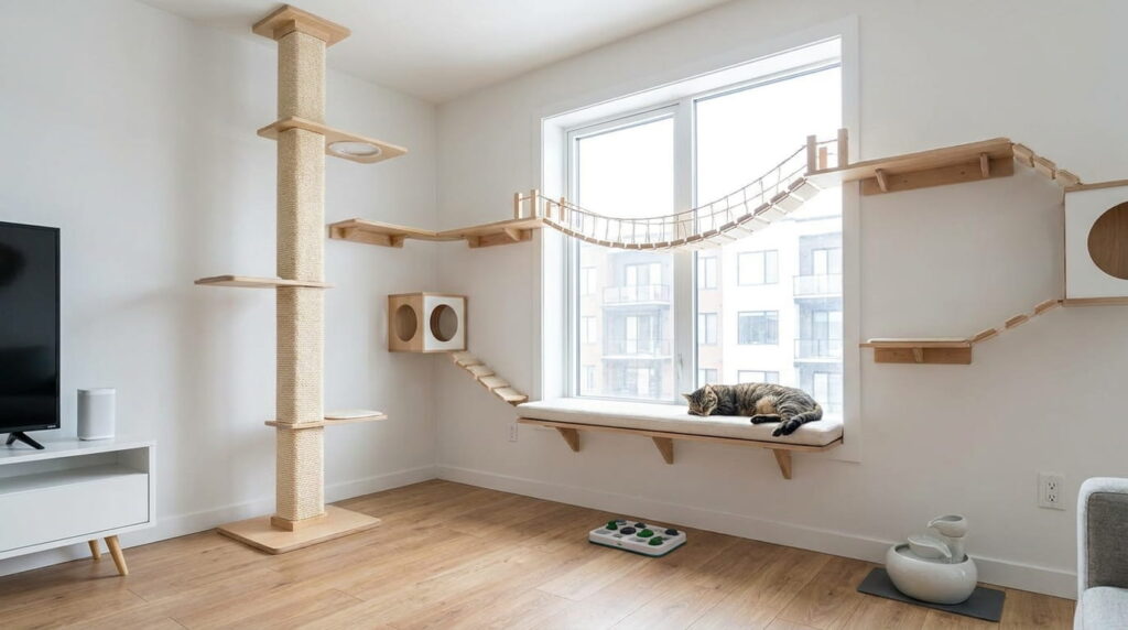 cat friendly living room setup with cat tree shelves window perch and puzzle feeder
