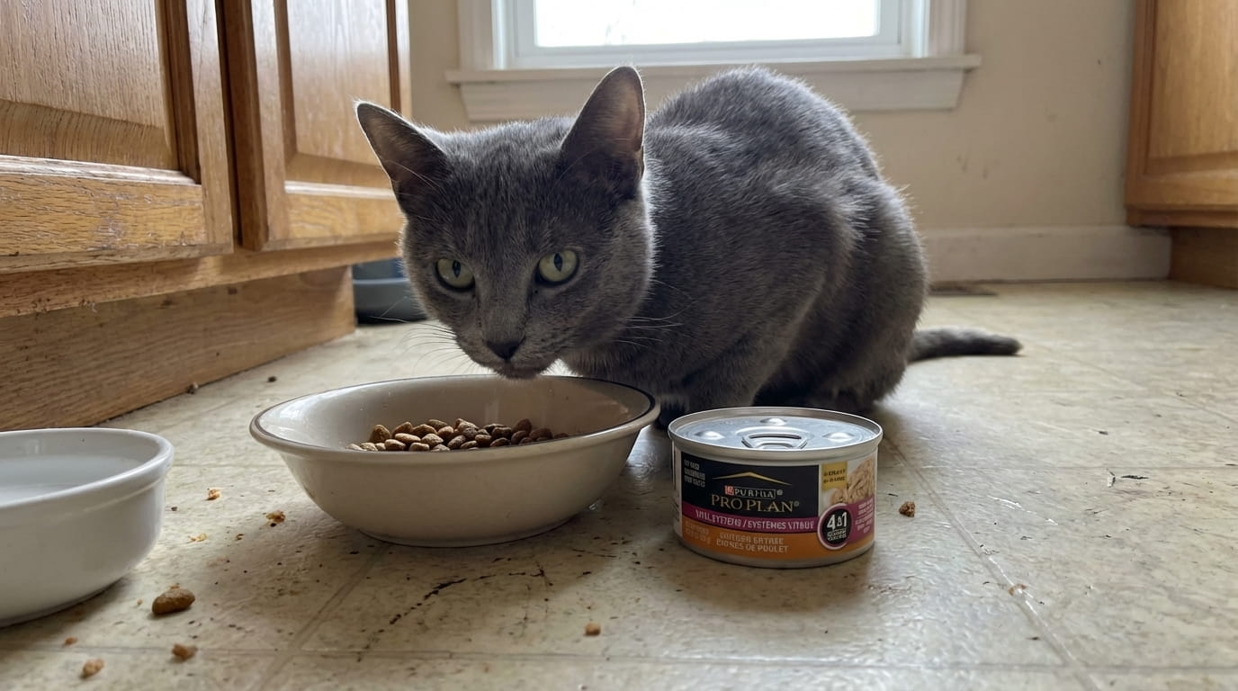 cat approaching automatic food feeder bowl