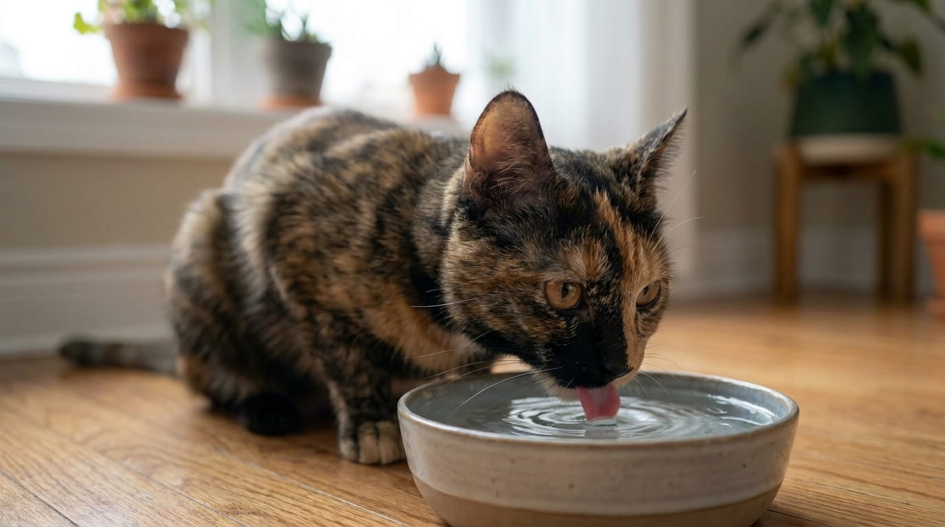indoor cat drinking from water bowl