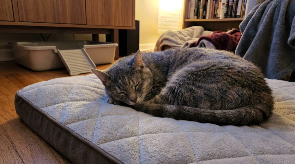 senior indoor cat resting on orthopedic pet bed low entry setup