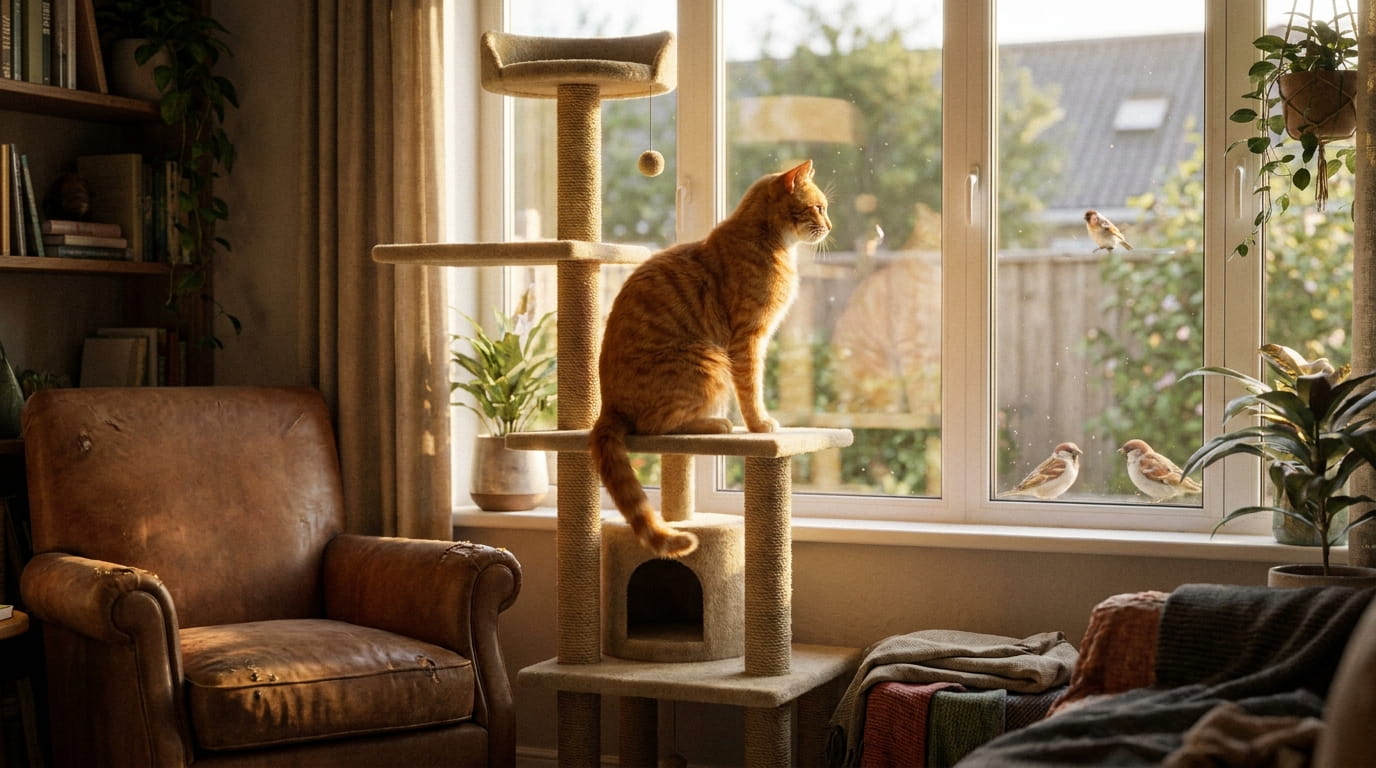 orange tabby cat sitting on cat tree near sunny window