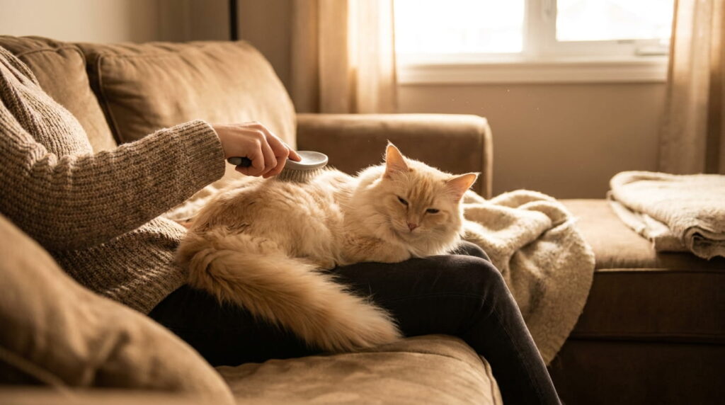 grooming long haired indoor cat with brush on sofa