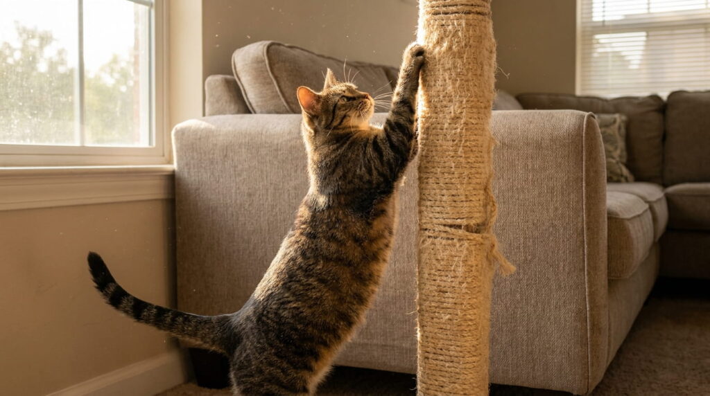 cat scratching sisal post next to couch correct placement