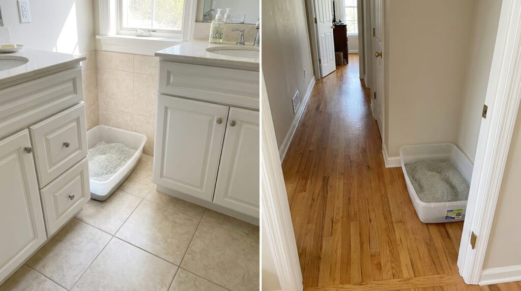 two open litter boxes placed in different rooms for indoor cats