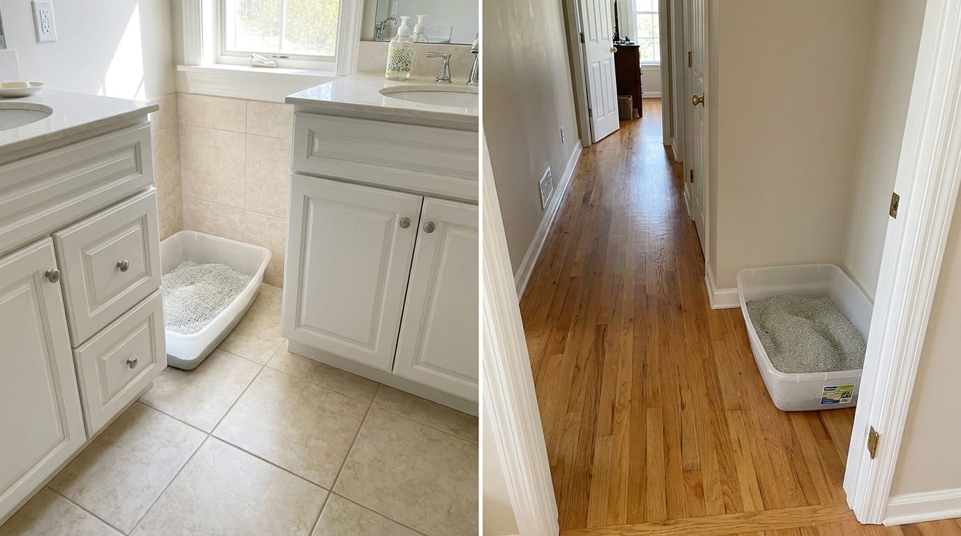 two open litter boxes in bathroom side by side