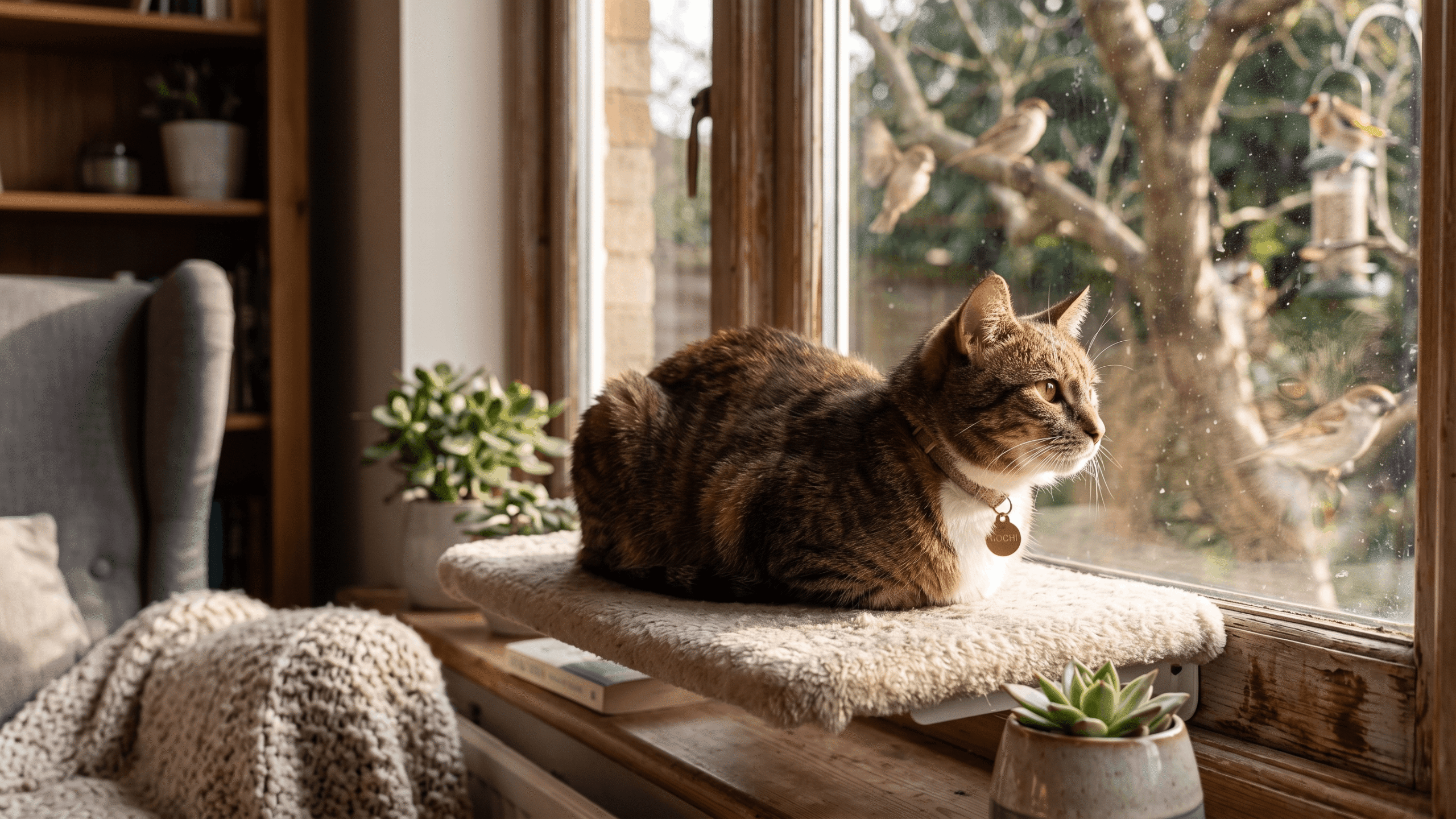 cat staring intently out a window at birds