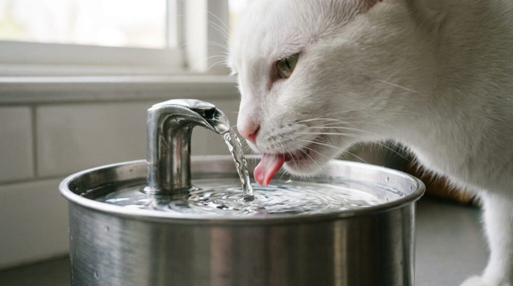 indoor cat drinking from stainless steel water fountain
