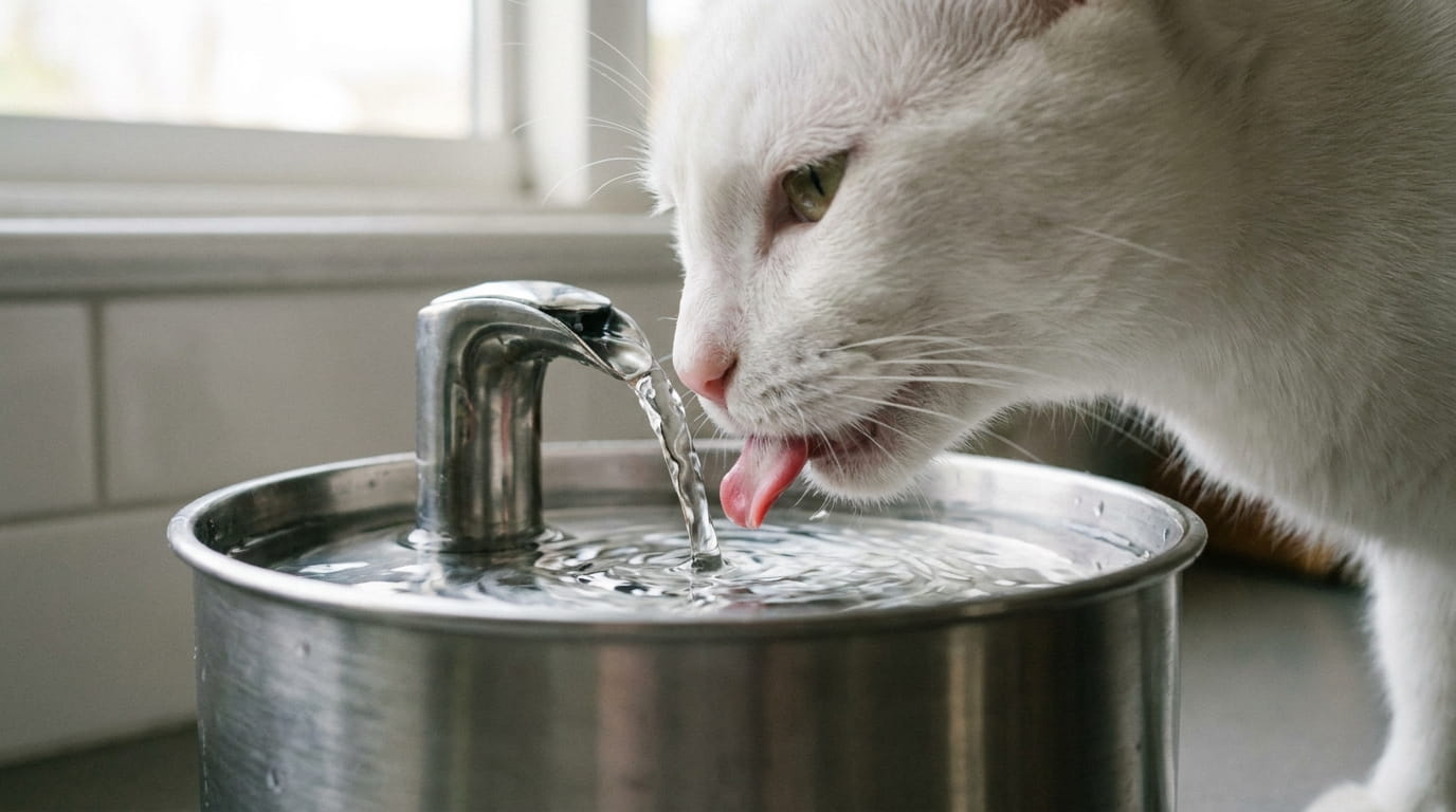 indoor cat drinking from stainless steel water fountain