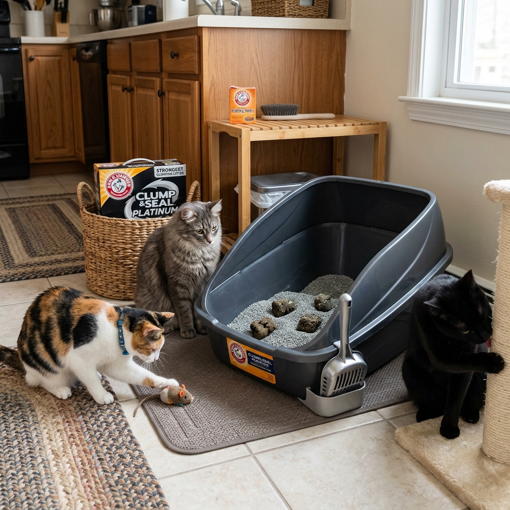 Busy multi-cat household showing Arm & Hammer Clump & Seal Platinum litter