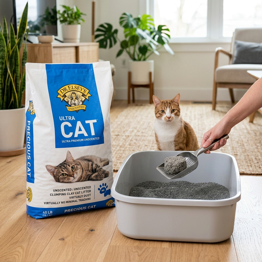 Realistic product shot of a large bag of Dr. Elsey's Premium Unscented Clumping Clay Cat Litter next to a clean litter box