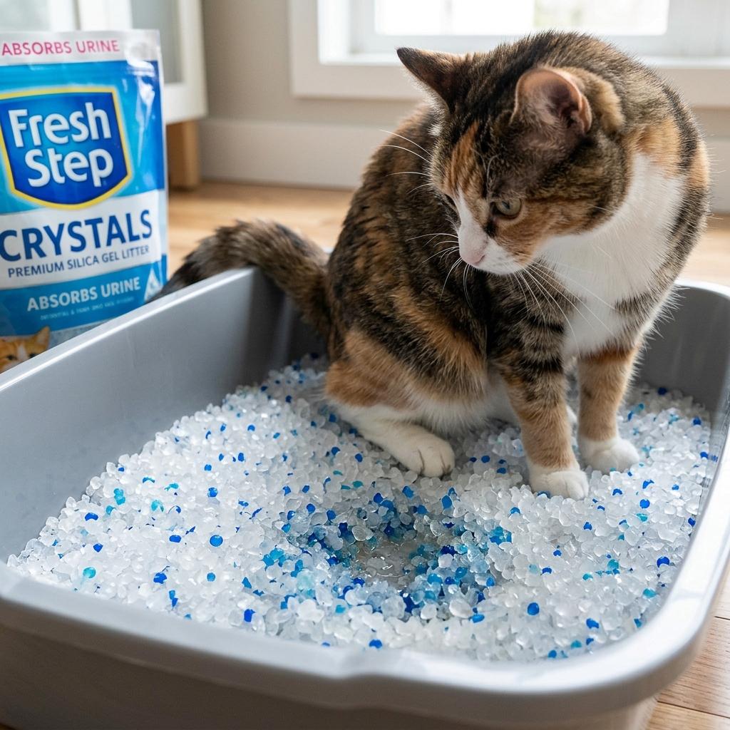 Close-up of lightweight Fresh Step Crystals Premium silica gel litter in a litter box