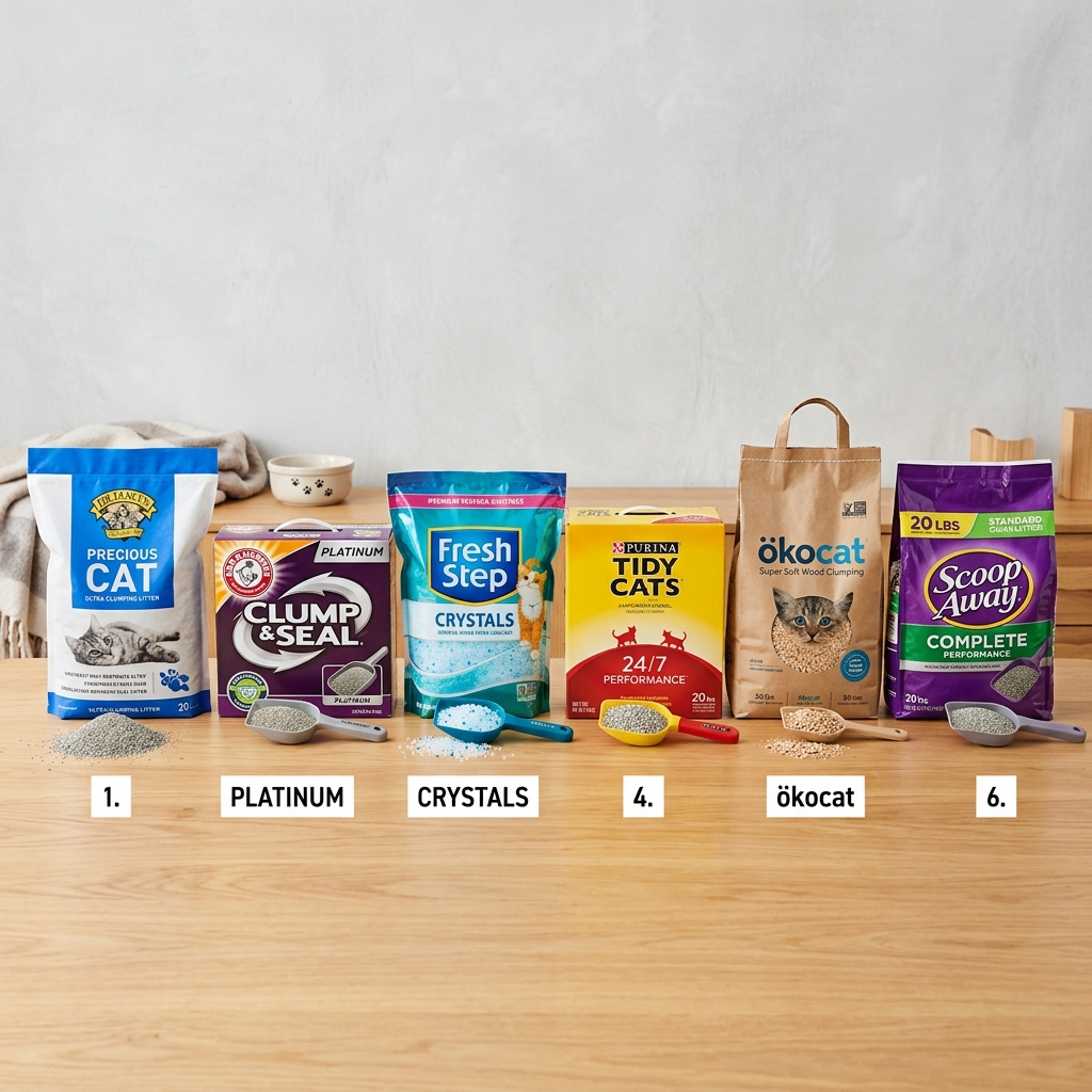 High-resolution table-style product comparison photo with six premium cat litter bags