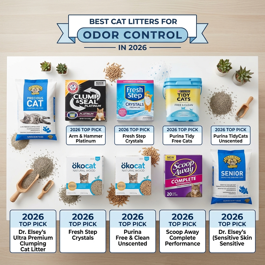 Clean infographic-style flat lay product photography showing top cat litters for odor control in 2026
