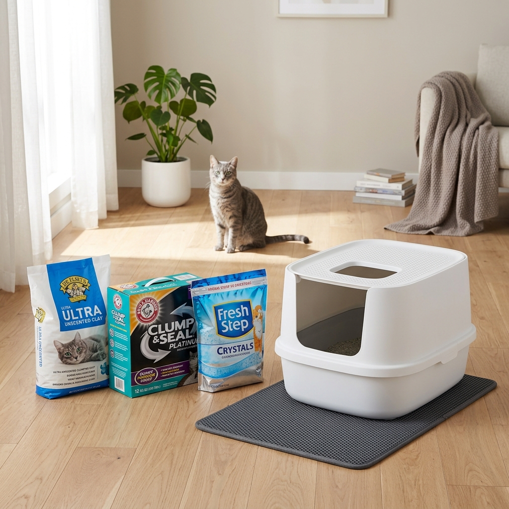 Professional product photography of a modern indoor cat litter box setup with clean, odor-free environment