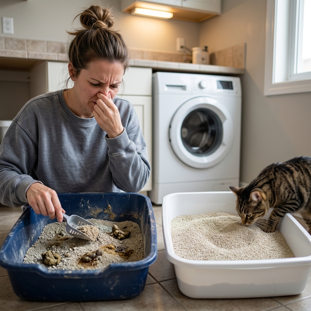 Close-up realistic photo of a frustrated cat owner covering nose near a smelly litter box in a home contrasted with clean box
