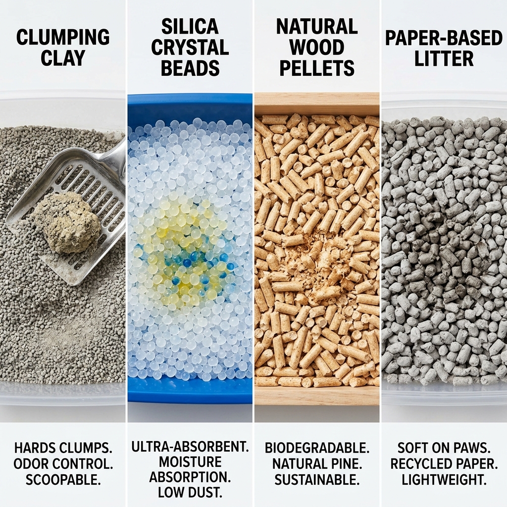 Split-screen comparison image showing four types of cat litter side by side