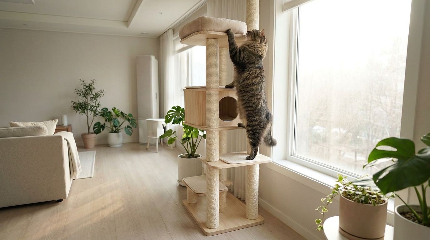 Cat stretching and using a sturdy vertical scratching post in a home setting