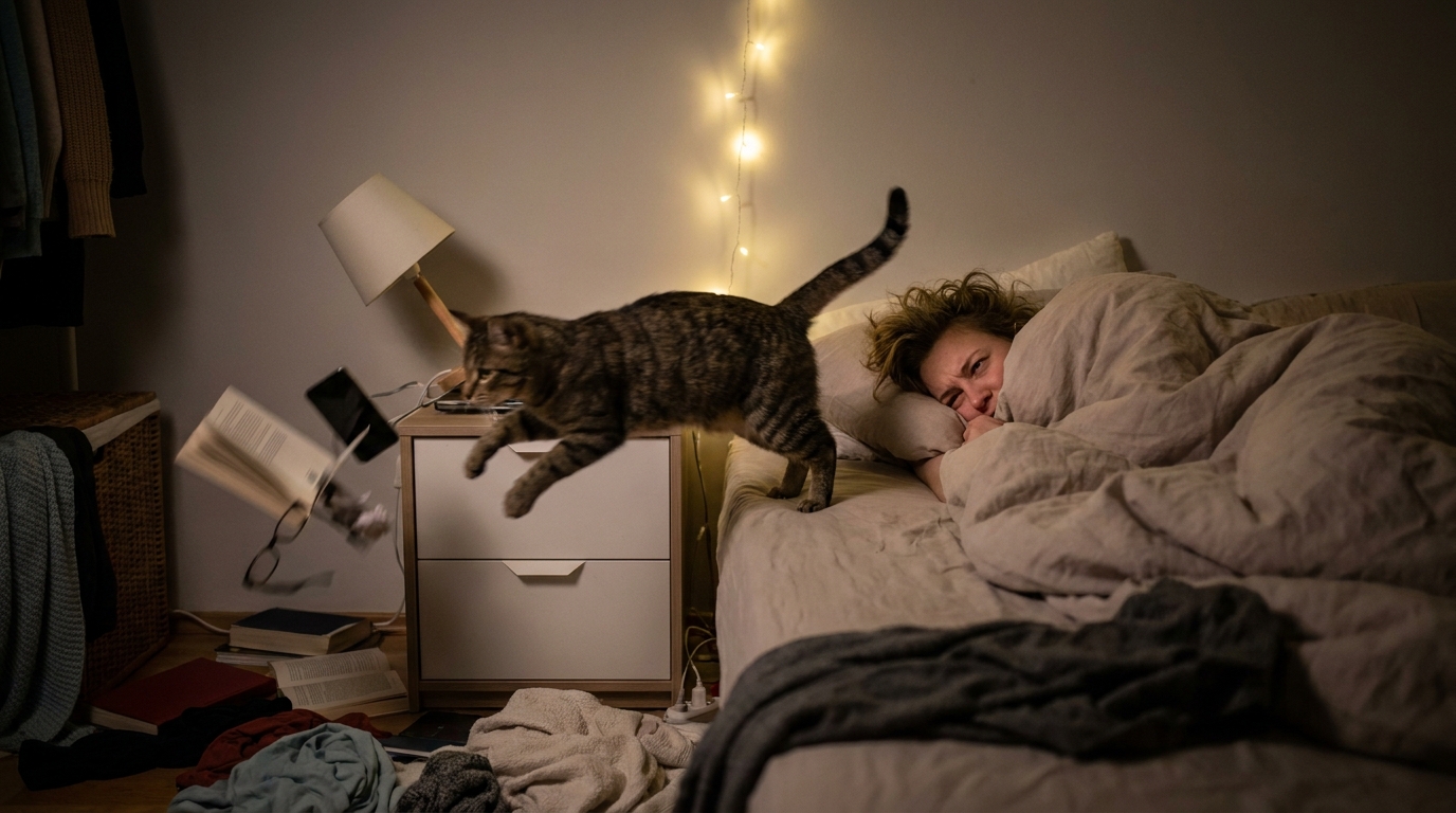 cat causing chaos in bedroom attention seeking