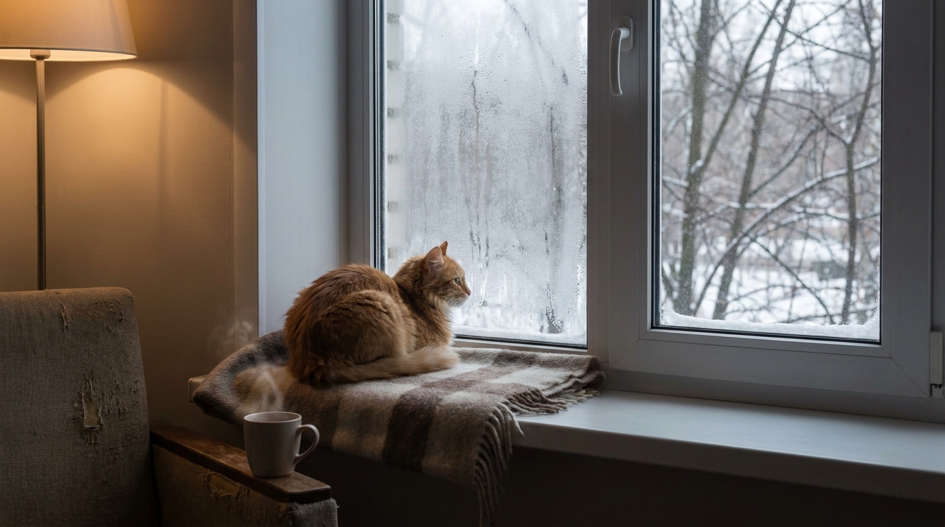 Indoor cat looking out window screen where mosquitoes and pests can enter