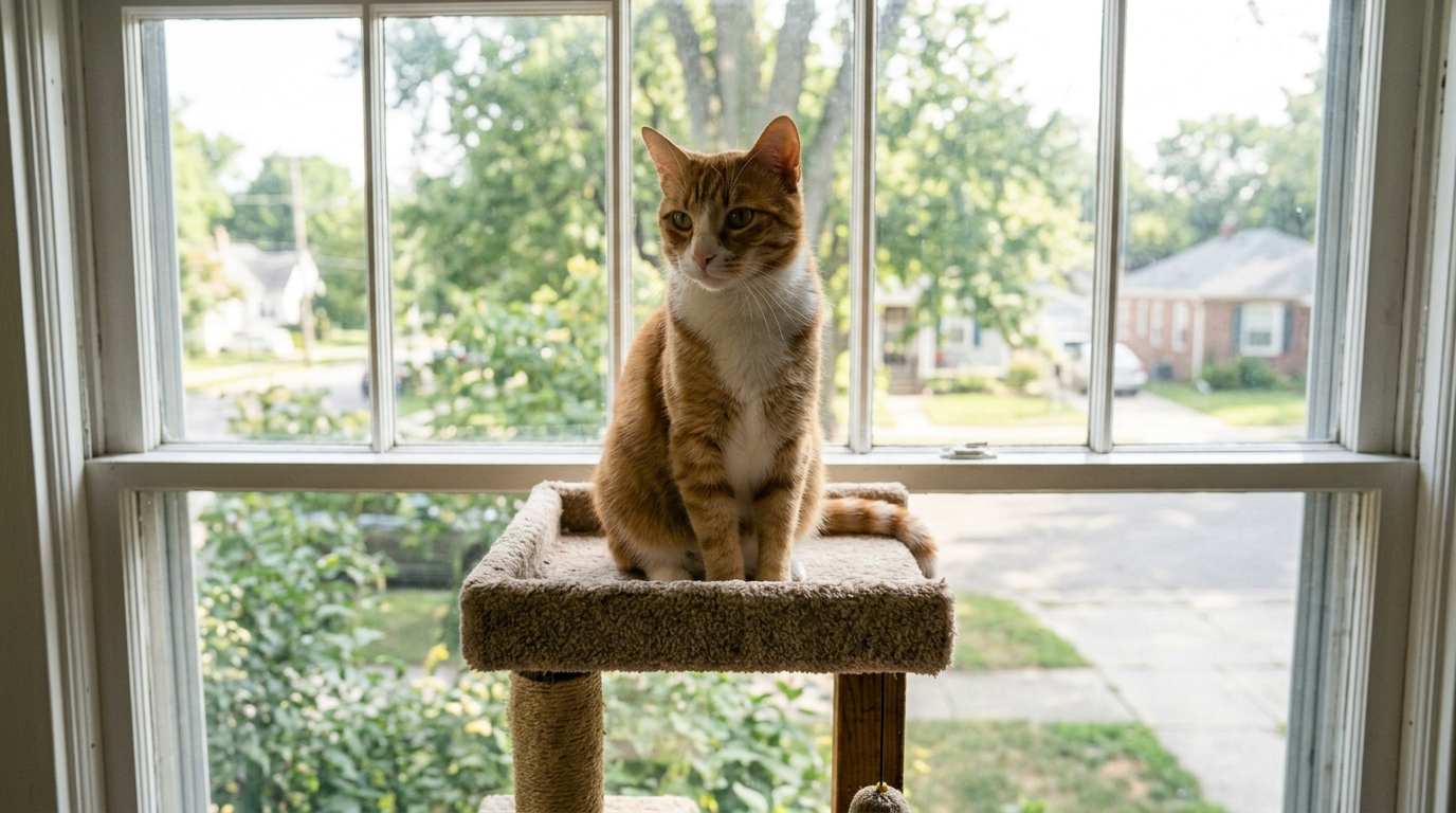 cat sitting on high perch in home environment