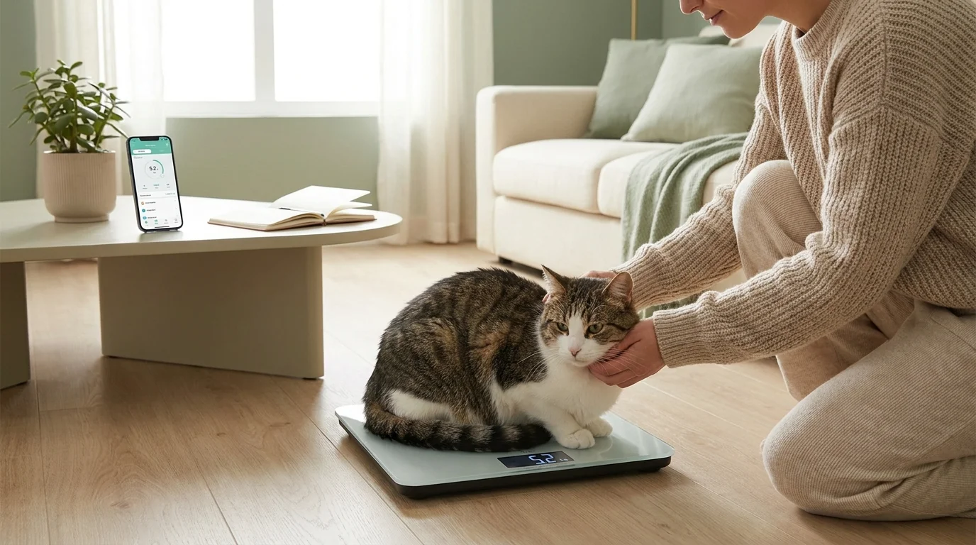 Cat standing comfortably on digital pet scale during home routine check
