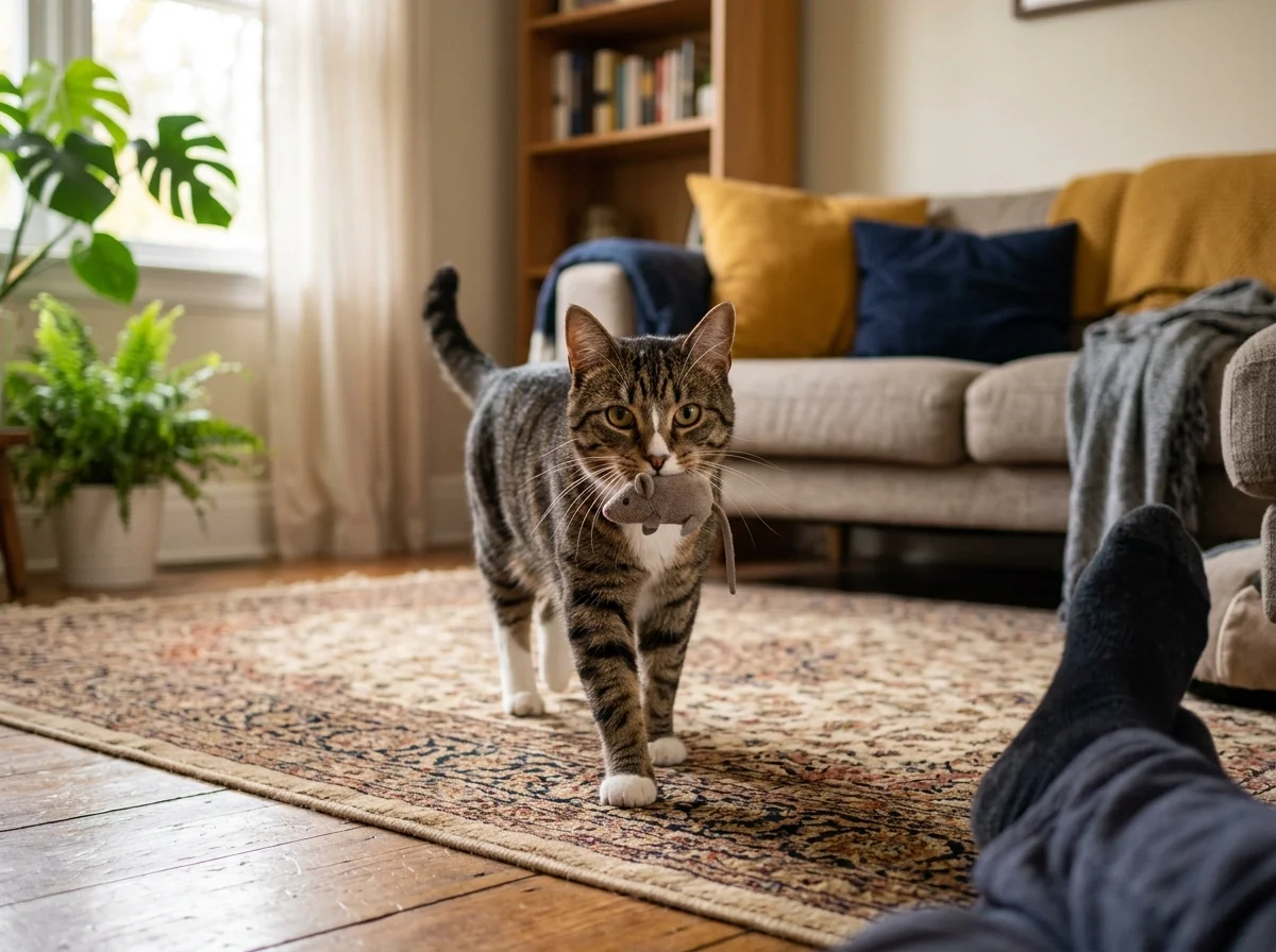 Indoor cat carrying a toy mouse