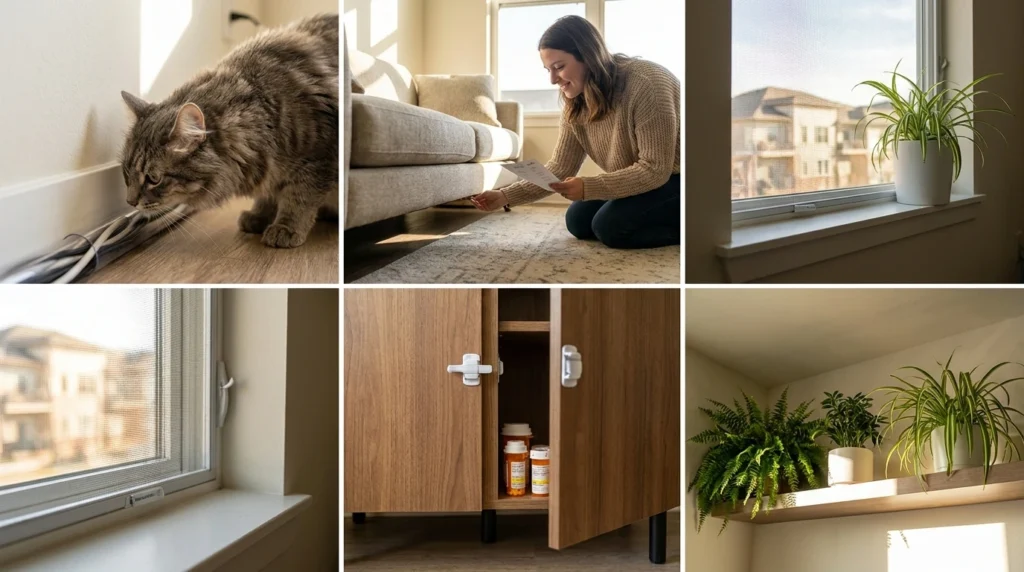 Curious tabby cat exploring living room while cat proofing home hazards