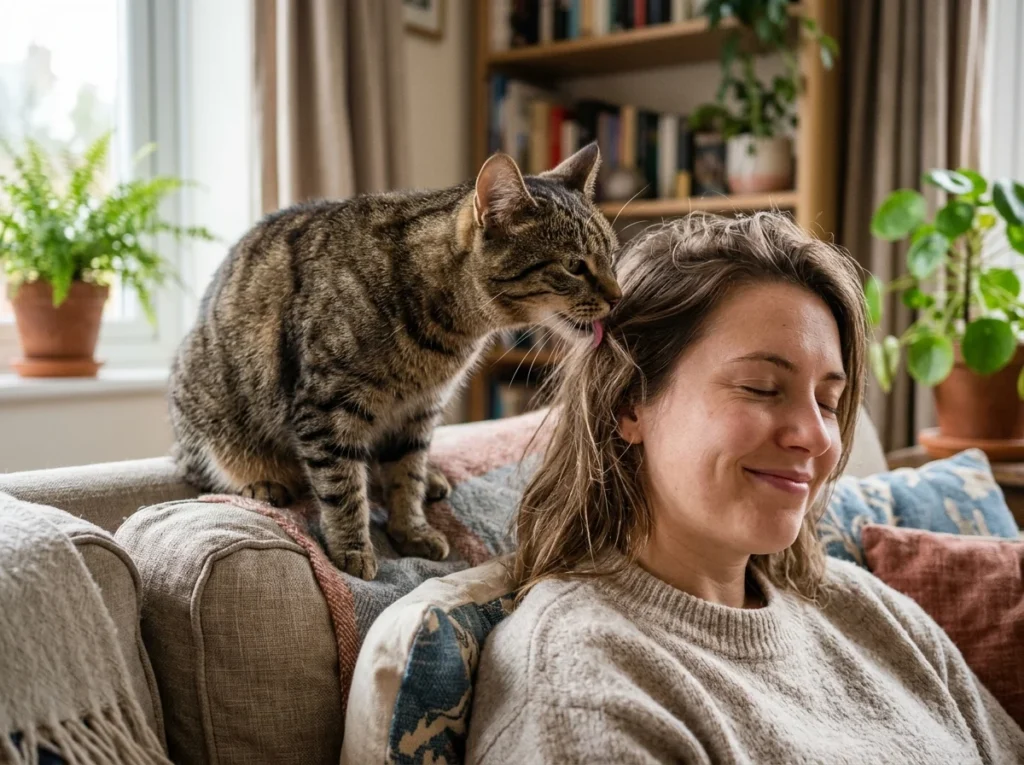 Domestic cat curiously grooming its owner's hair