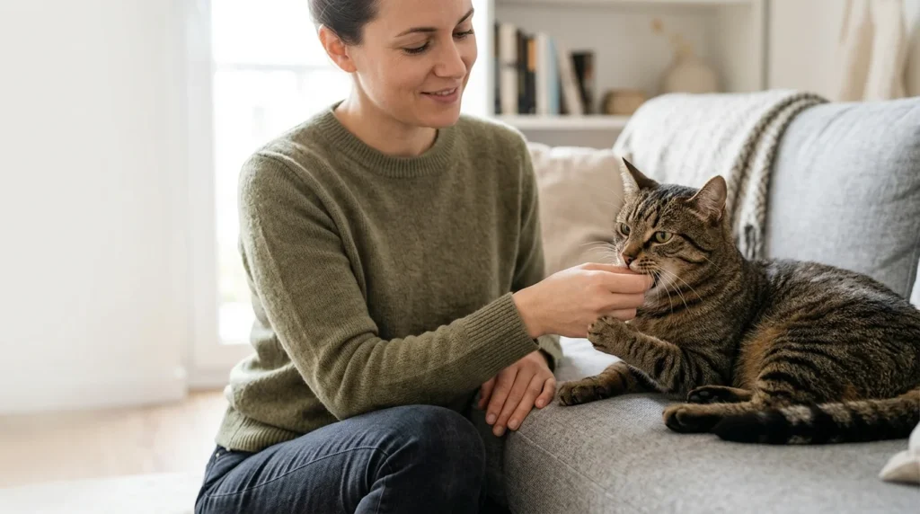 Cat gently holding owner hand during controlled interaction