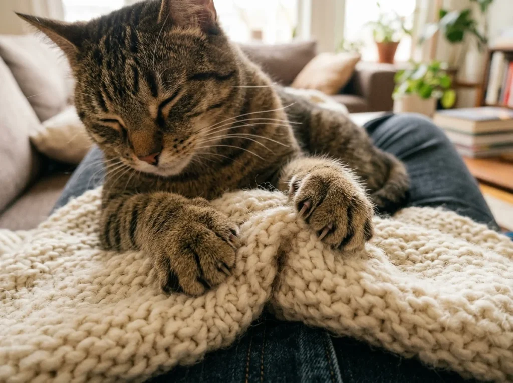 Cat kneading a soft blanket with its front paws