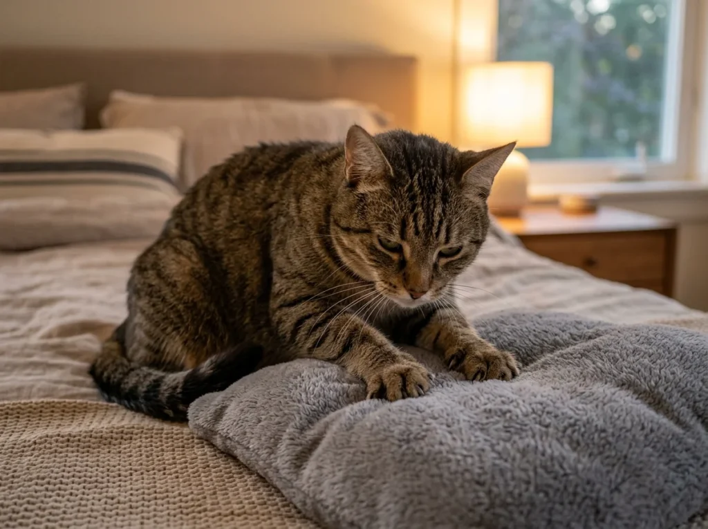Cat kneading a soft cushion before settling down to sleep