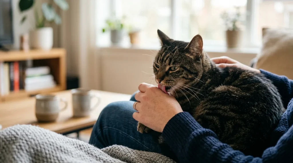 Cat gently licking its owner's hand