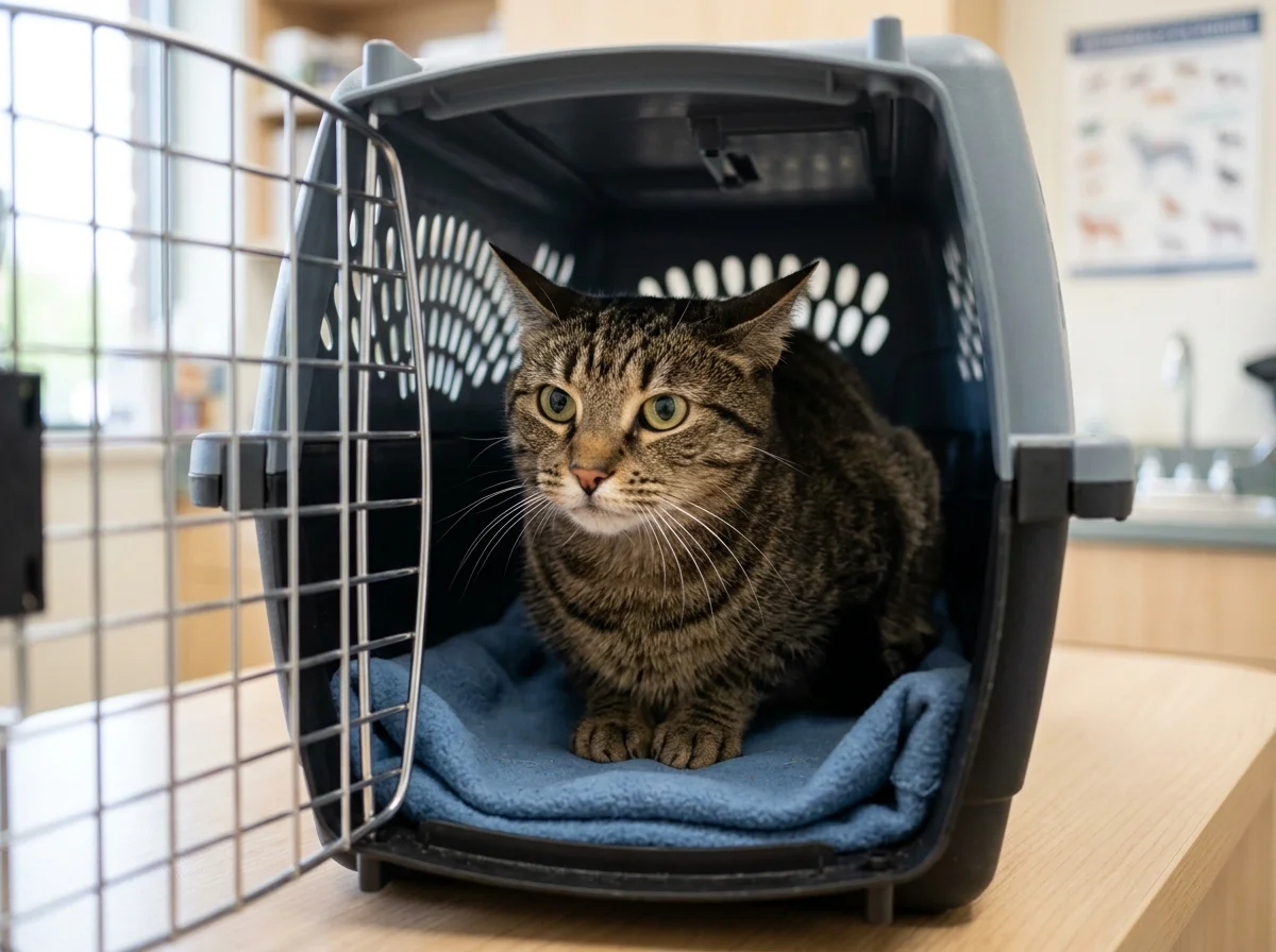 Calm cat sitting comfortably in a clean, neutral-scented travel carrier
