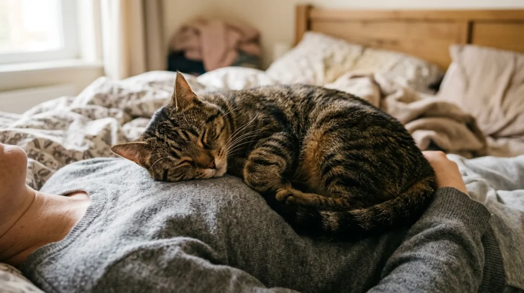 indoor cat sleeping peacefully on owner's chest