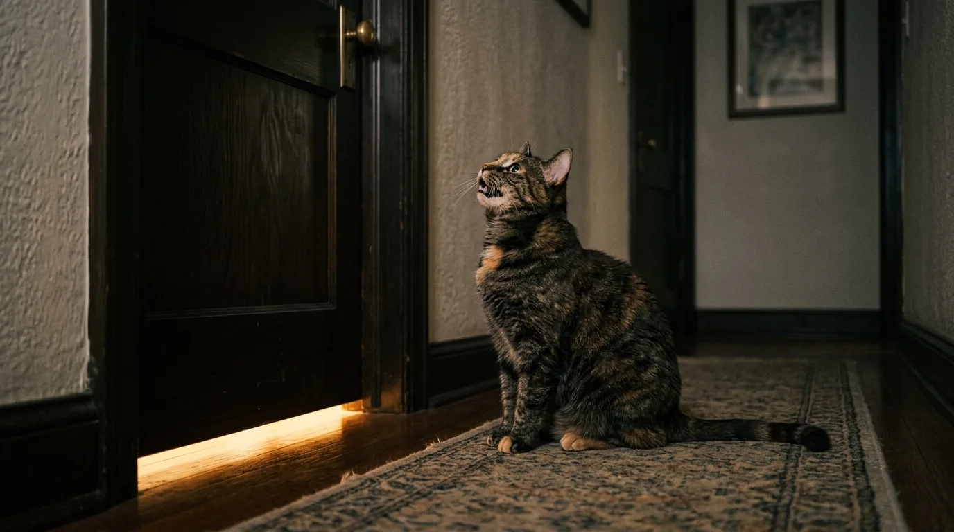 Cat meowing outside closed bedroom door seeking attention