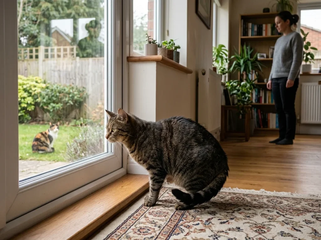 Cat becoming agitated while watching another cat through a window