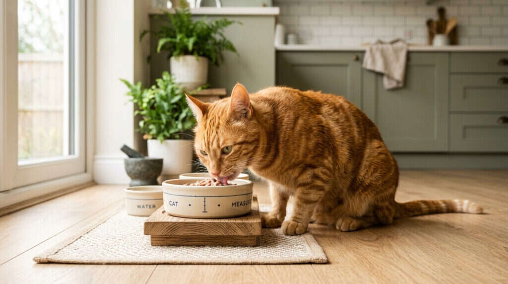 Adult orange tabby cat eating from measured bowl at feeding station