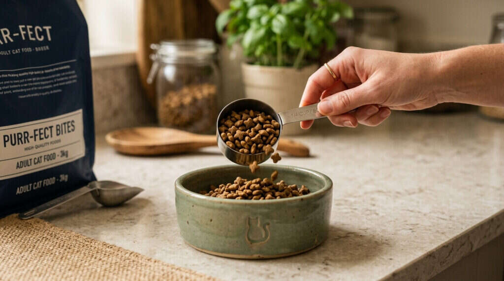 Hand holding a measuring scoop portioning dry cat kibble into ceramic cat bowl