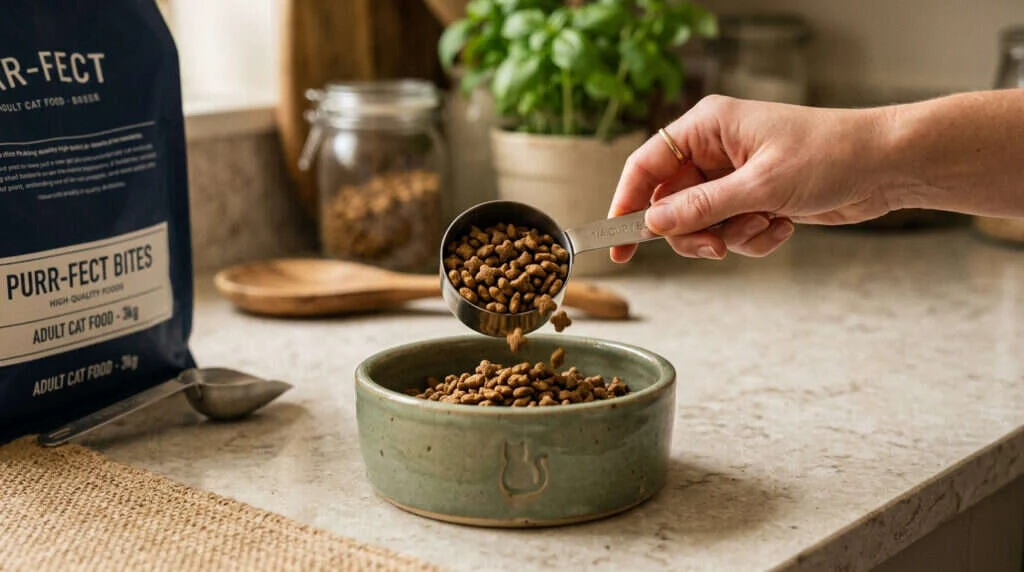 Hand holding a measuring scoop portioning dry cat kibble into ceramic cat bowl
