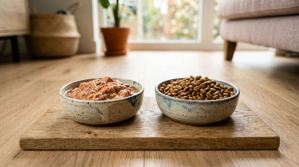 Side by side bowls of wet pate cat food and dry kibble on wooden mat