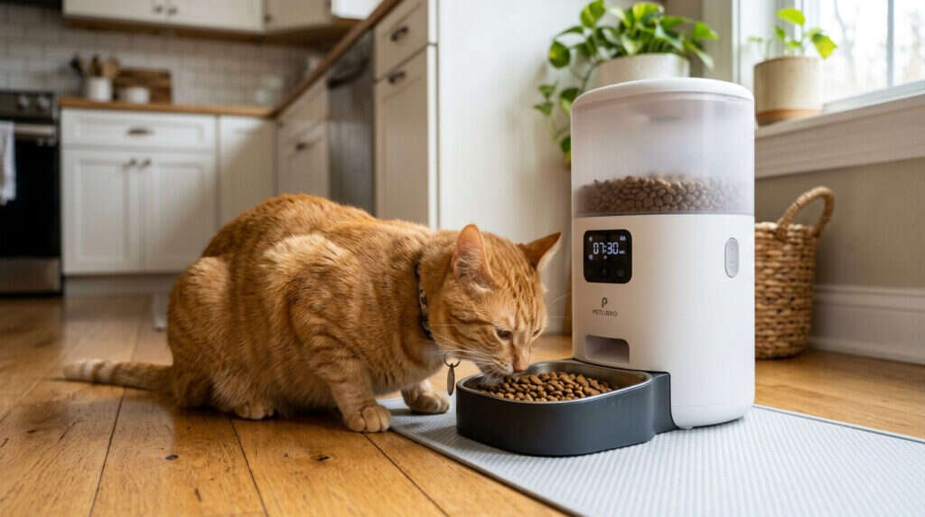 Adult orange tabby cat eating from modern automatic pet feeder