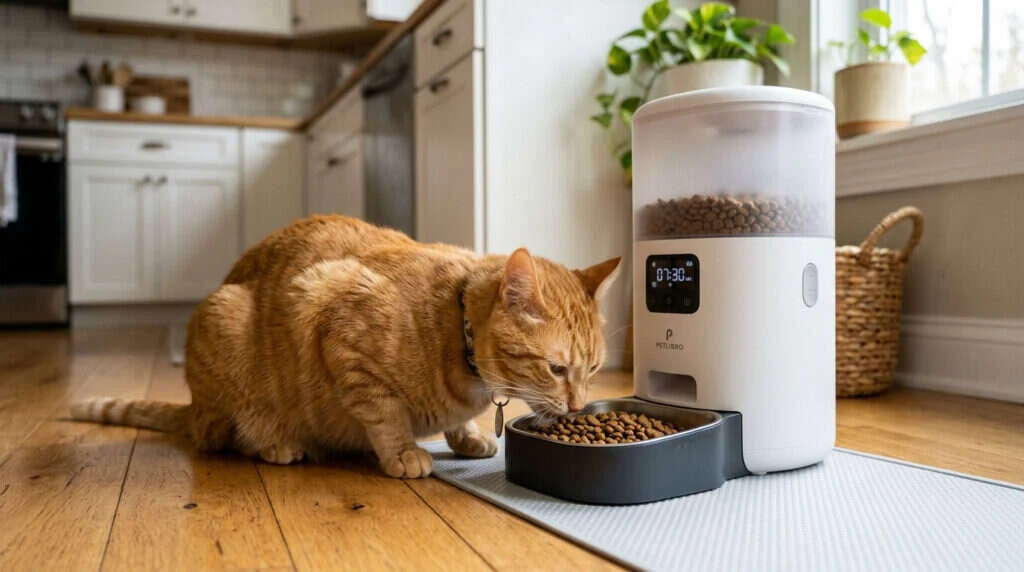 Adult orange tabby cat eating from modern automatic pet feeder