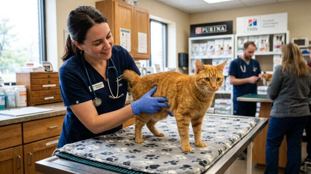 Veterinarian palpating cat ribcage to assess feline body condition score