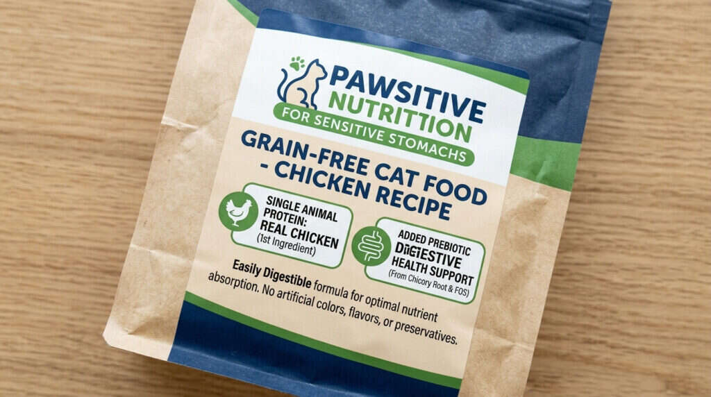 Sensitive stomach cat food packaging highlighting single named animal protein and prebiotic fiber