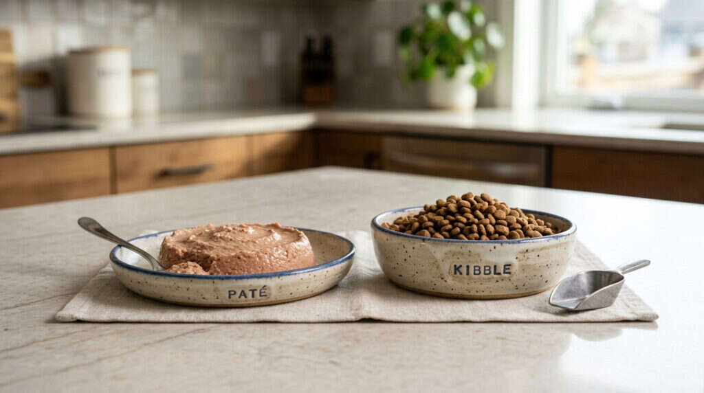 Comparison of smooth sensitive stomach wet pate food and crunchy digestible kibble in bowls