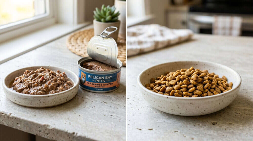 Can of pate wet cat food next to a bowl of dry cat kibble on kitchen countertop