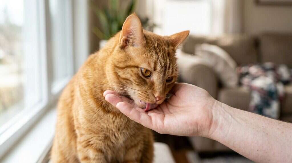 Orange cat nuzzling and licking open human palm mid-grooming sequence