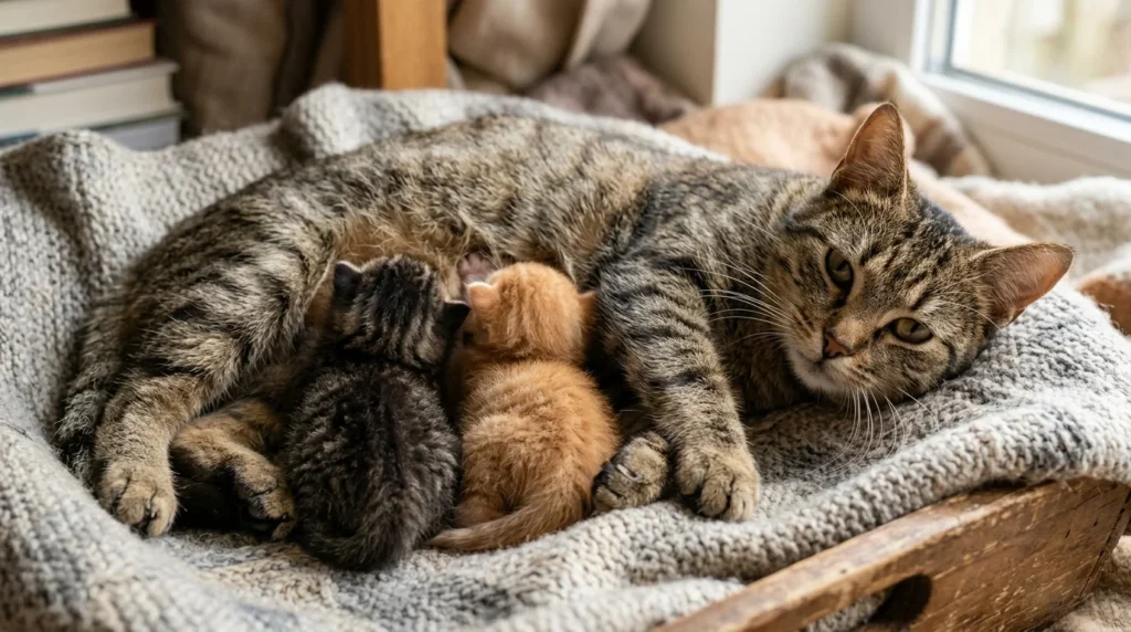 Mother cat purring while nursing two newborn kittens