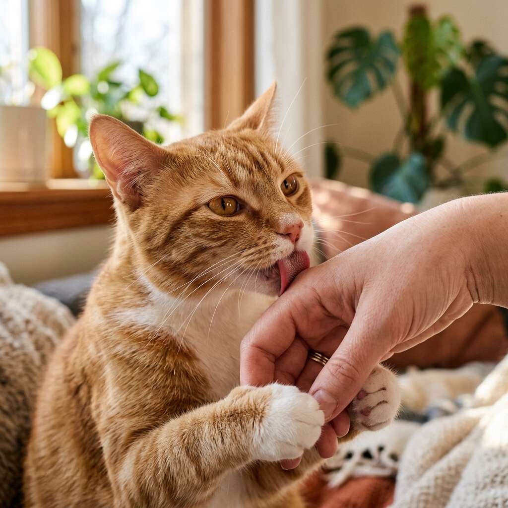 Close-up of orange tabby cat gently licking human hand in affectionate moment
