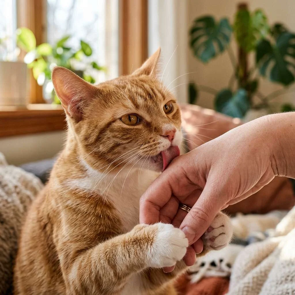 Close-up of orange tabby cat gently licking human hand in affectionate moment